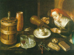 Bodegón de mujer echando chocolate en una mancerina